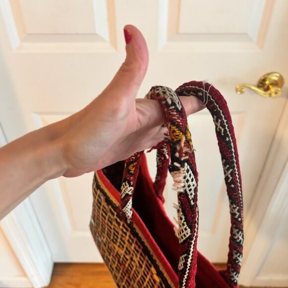 Vintage Anthropologie Kilim Carpet Bag Woven Tapestry Tote Sequin Boho Geometric - Picture 8 of 10